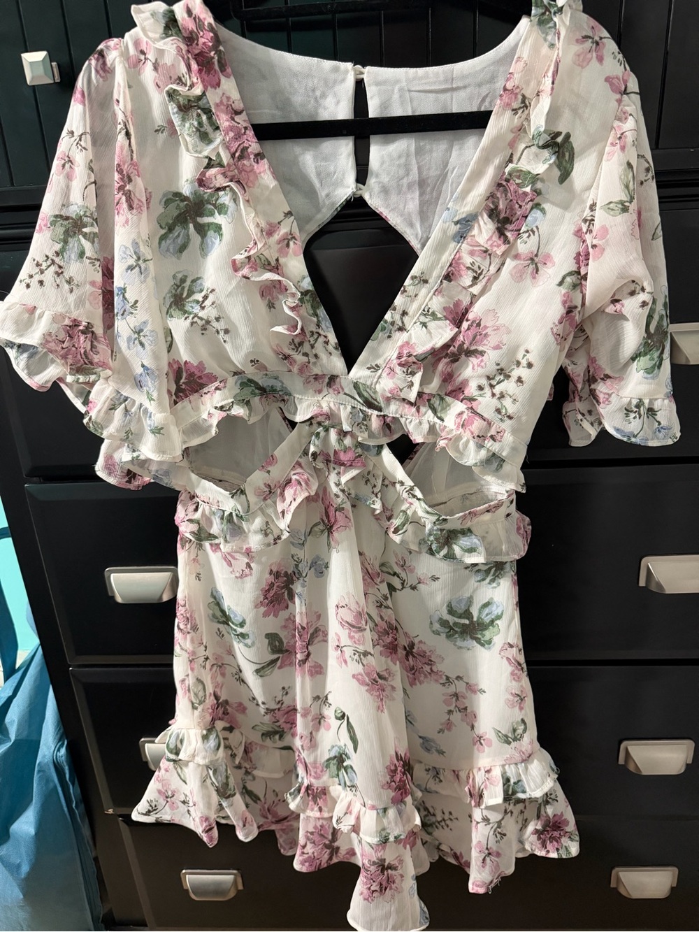 White Floral Ruffle  Dress - Pink & Green Print